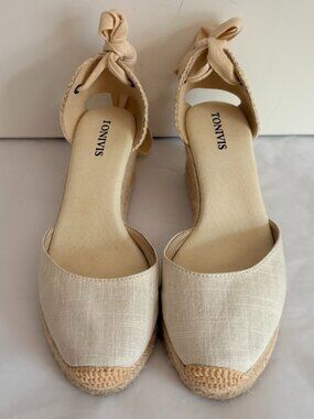 Tonivis Women White Linen Espadrilles Ankle Tie Platform Boho Wedge Shoes Size 9